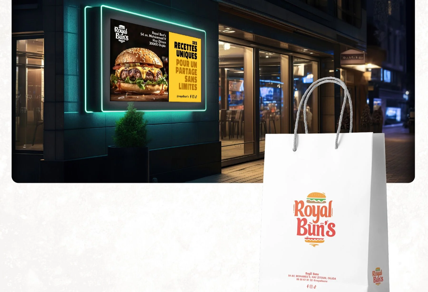 Royal Bun's — enseigne néon et packaging